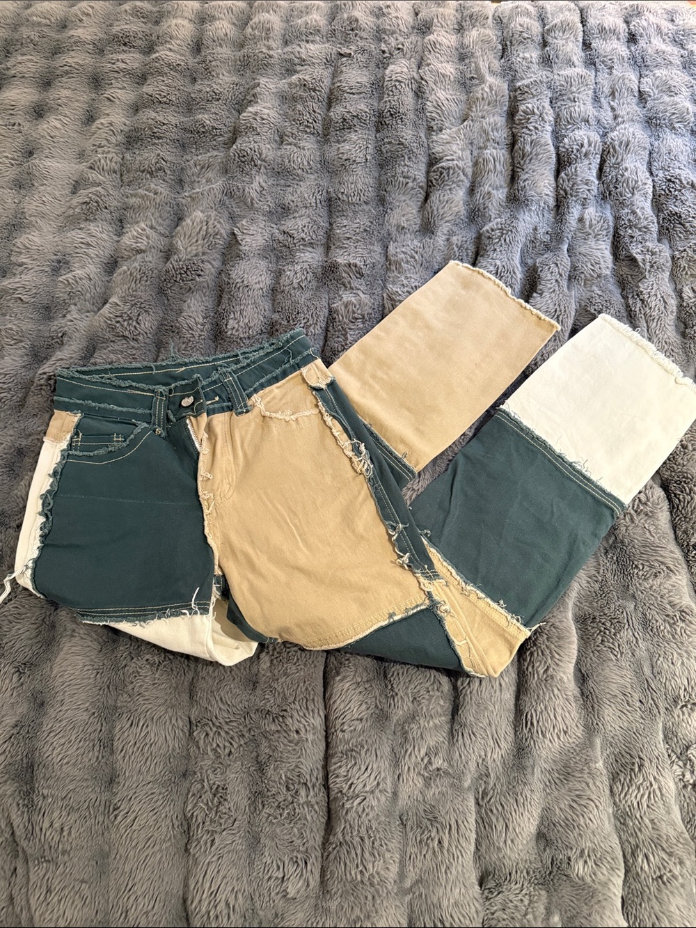 Patchwork Colorblock Jeans in Forest Green, Tan & Cream